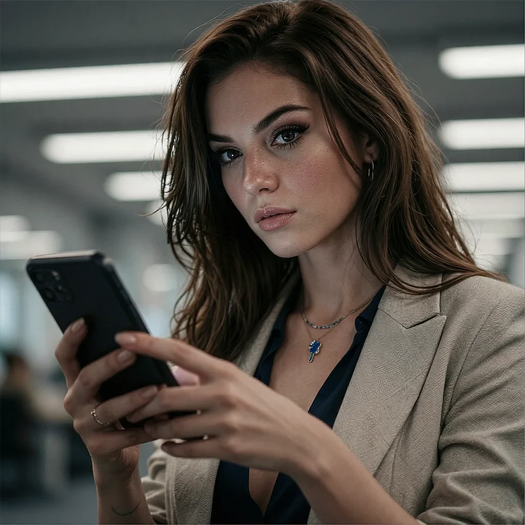 Brown-haired woman in beige blazer holding a phone in a bright office