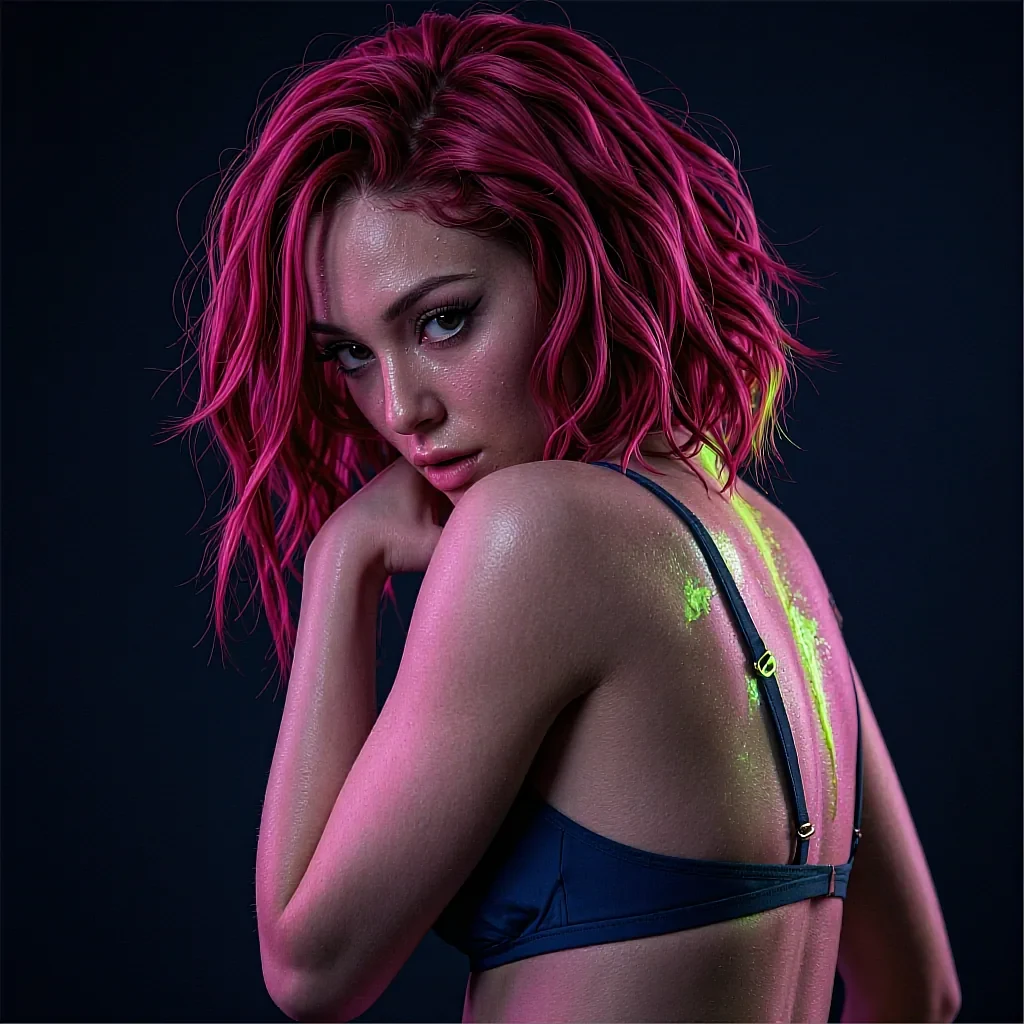 Pink-haired woman in navy crop top glancing over her shoulder against a dark backdrop