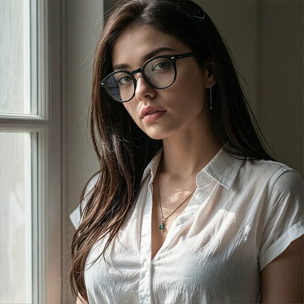 Long-haired brunette with black-rimmed glasses and white shirt standing by a sunlit window