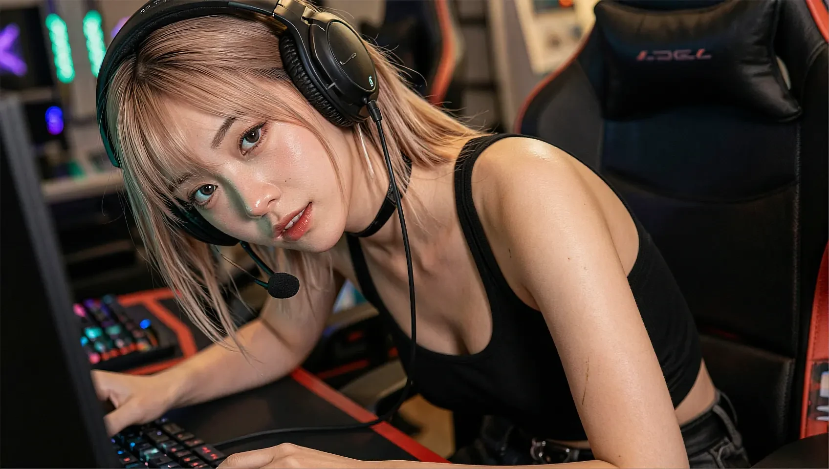 Blonde woman in black tank top and gaming headset leaning over an RGB keyboard in a gaming setup