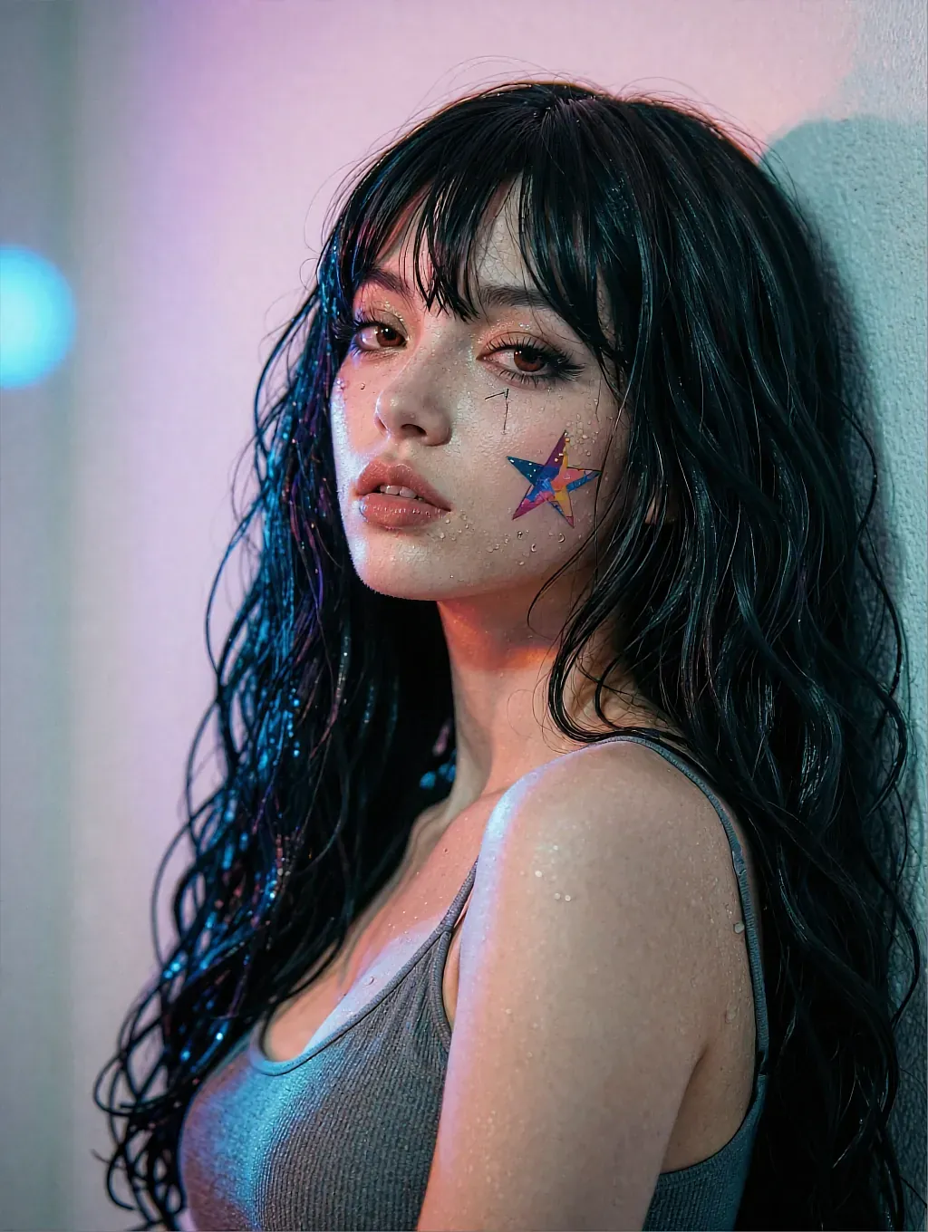 Dark curly-haired woman with bangs and a star sticker on her cheek leaning against a pink-blue wall