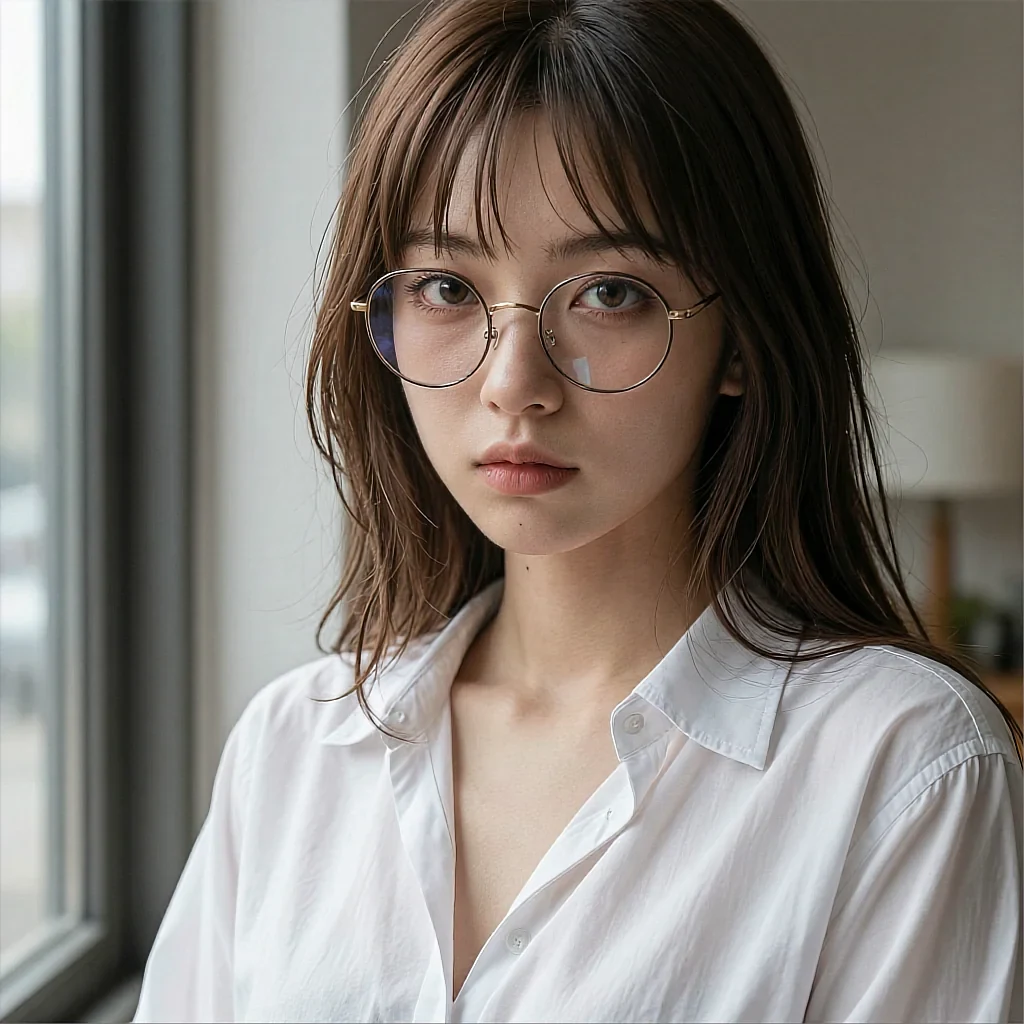 Brown-haired woman with bangs and round gold glasses in a white shirt by a window