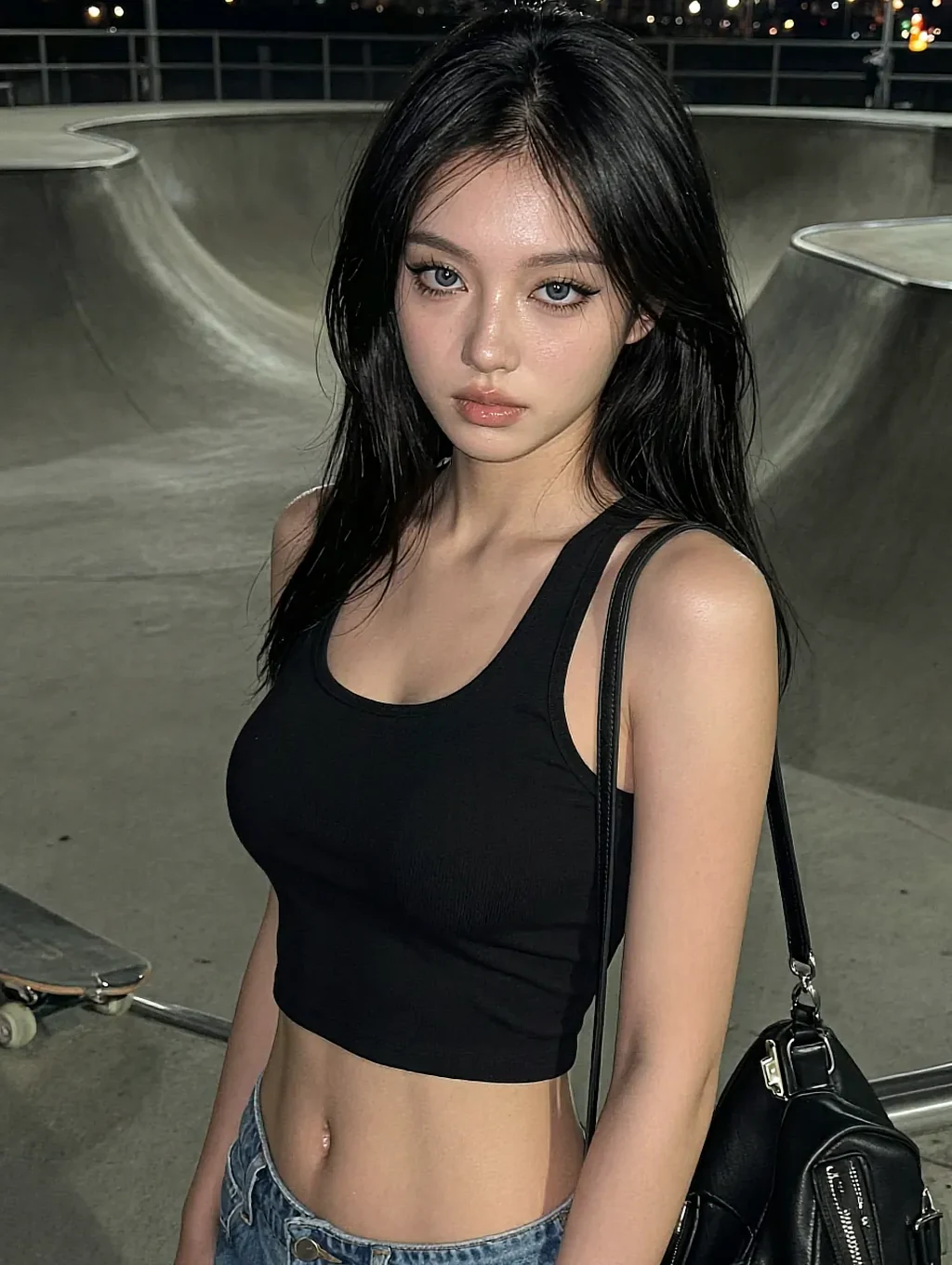 Black-haired woman in a crop tank and denim shorts at a skatepark at night with a shoulder bag
