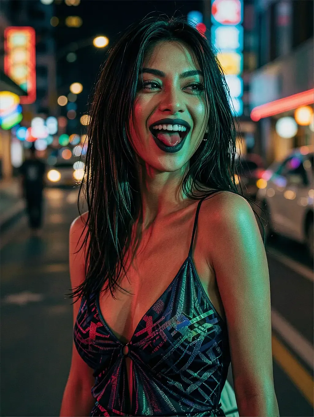 Dark-haired woman in a patterned cami dress laughing on a neon-lit city street at night