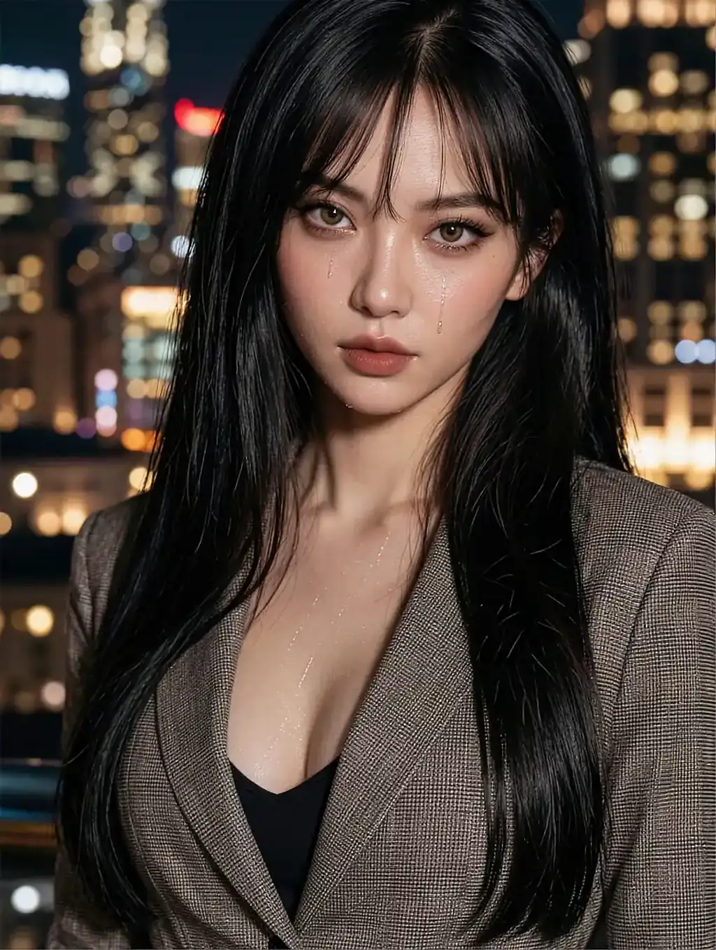 Long black-haired woman with bangs in a gray blazer and black top against city skyline at night